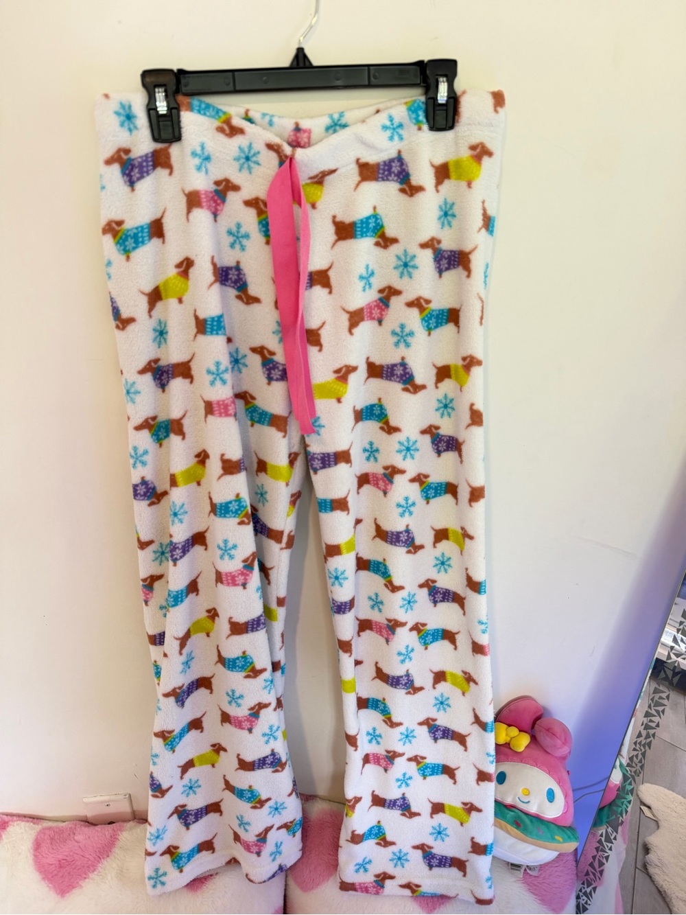 Girls' White Fleece Pajama Pants with Colorful Dachshund Print